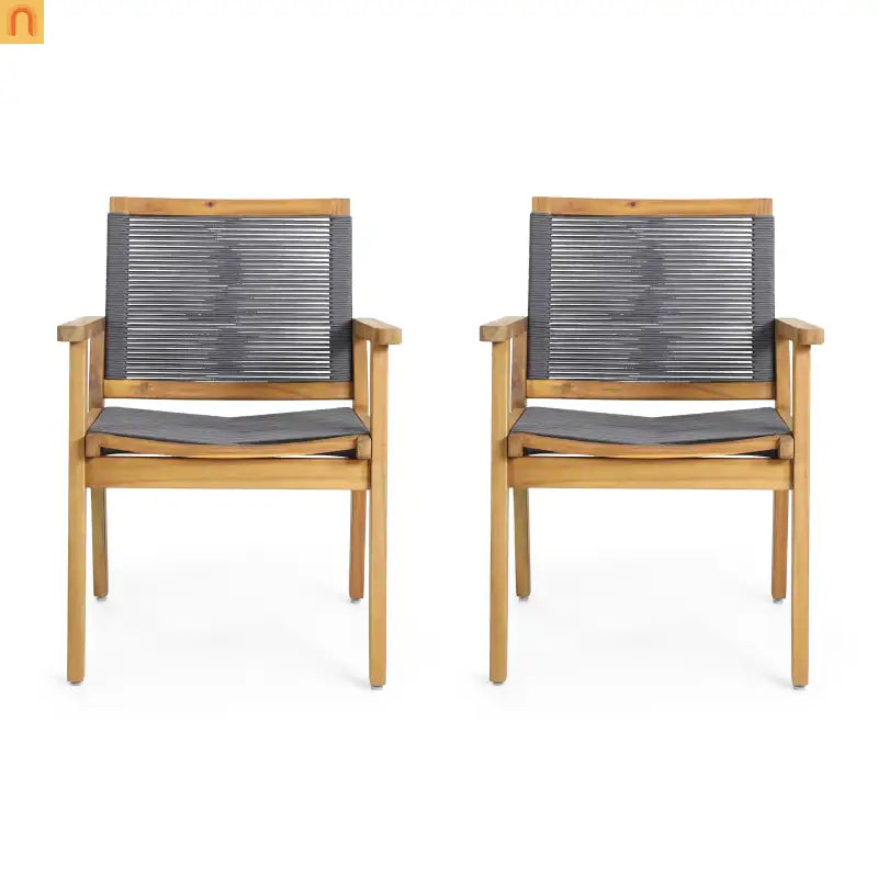 Outdoor Dining Chair Acacia Wood Dark Gray Rope Weave Set of 2