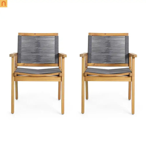 Outdoor Dining Chair Acacia Wood Dark Gray Rope Weave Set of 2