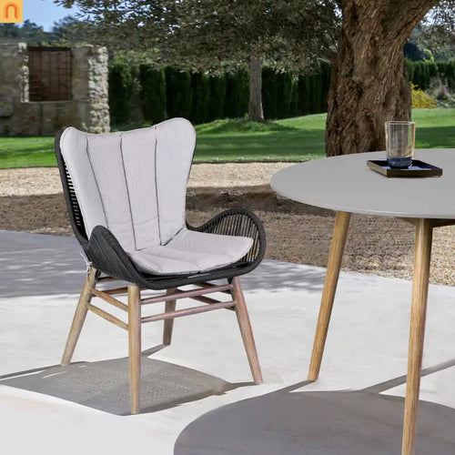 Outdoor Dining Chair Eucalyptus Wood Rope Weave Gray 225 lb Cap