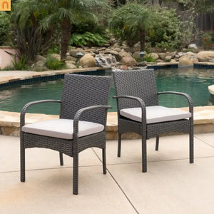 Outdoor Dining Chair PE Rattan Iron Gray Cushioned Set of 2