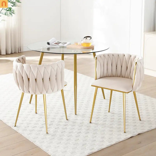 Dining Chair Modern Velvet Beige Set of 2 Gold Metal Legs