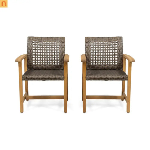 Outdoor Dining Chair Acacia Wood Rattan Brown Set of 2 400 lb