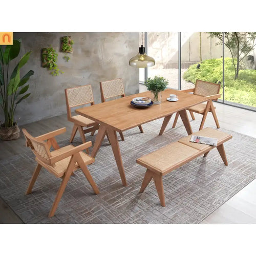 Outdoor Dining Set Rattan Natural 5-Piece Table 4 Chairs