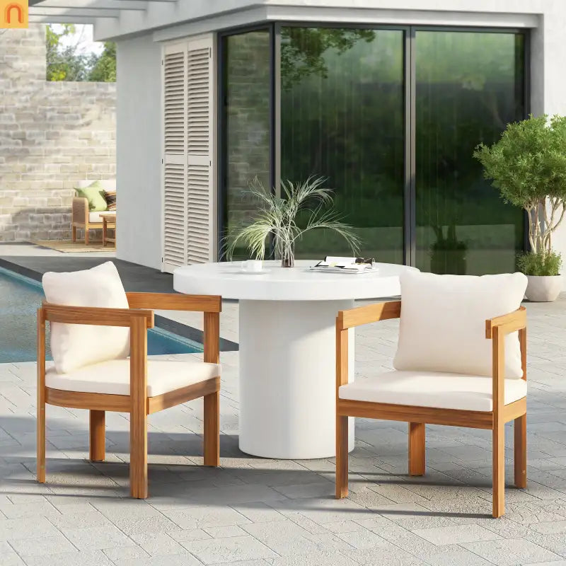 Outdoor Dining Chair Acacia Wood Teak Cream Cushion Barrel Set of 2