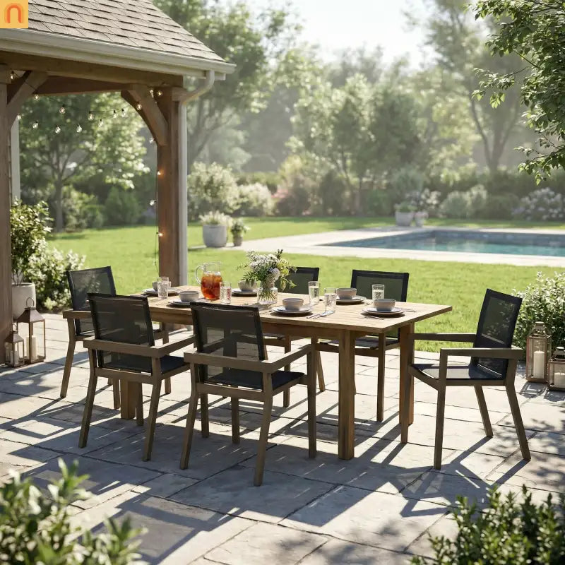 Outdoor Dining Set Acacia Wood Gray 7 Piece Expandable Seats 6