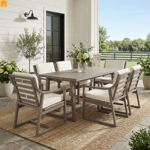 Outdoor Dining Set Acacia Wood Beige Cushion 7 Piece Slatted Seats 6