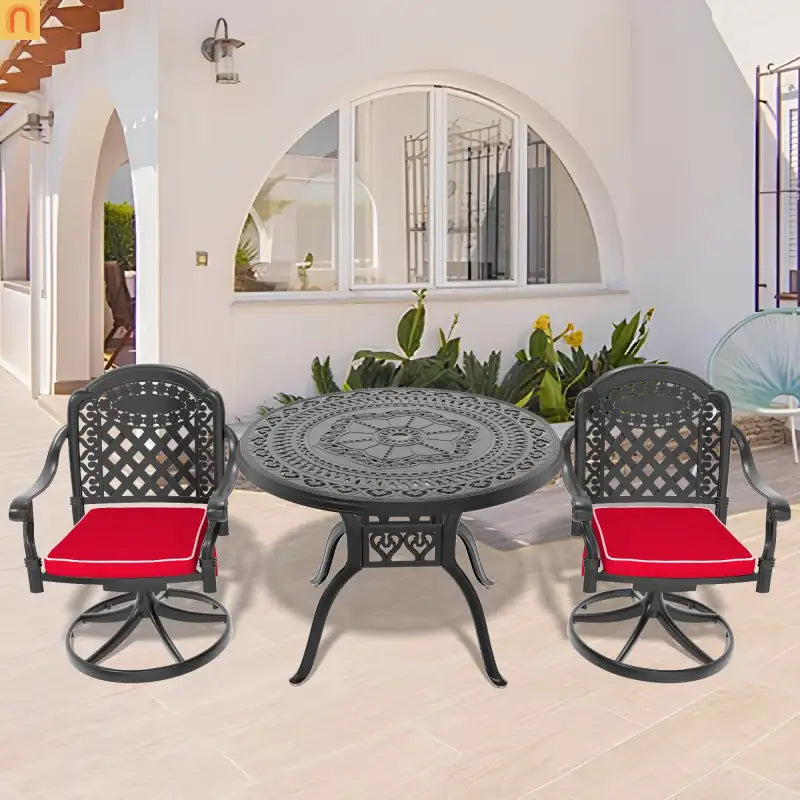 Outdoor Dining Set Cast Aluminum Black 3 Piece 2 Swivel Chairs 39in Table
