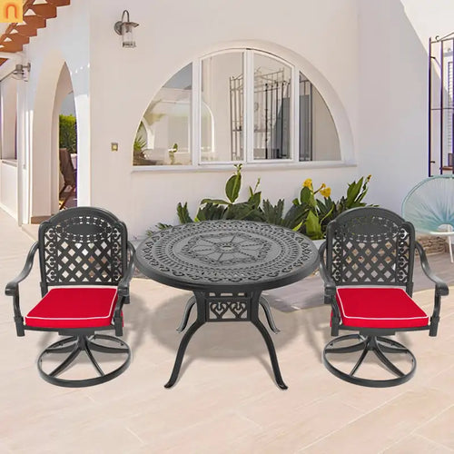 Outdoor Dining Set Cast Aluminum Black 3 Piece 2 Swivel Chairs 39in Table