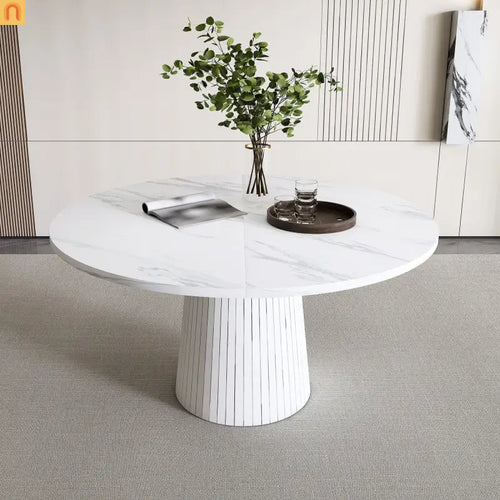 Dining Table Round Marble Veneer White Farmhouse 47in Seats 4