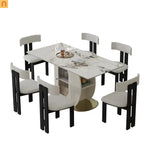 Dining Set Rectangle Stone Top Gold Base 7pc White Velvet Seats 6