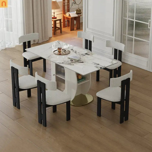 Dining Set Rectangle Stone Top Gold Base 7pc White Velvet Seats 6