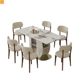 Dining Set Rectangle Stone Top Gold Base 7pc White PU Seats 6