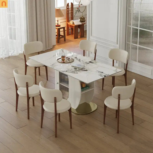 Dining Set Rectangle Stone Top Gold Base 7pc White PU Seats 6