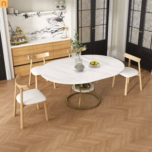 Oval Marble Dining Set Extendable White Gold Base Seats 6