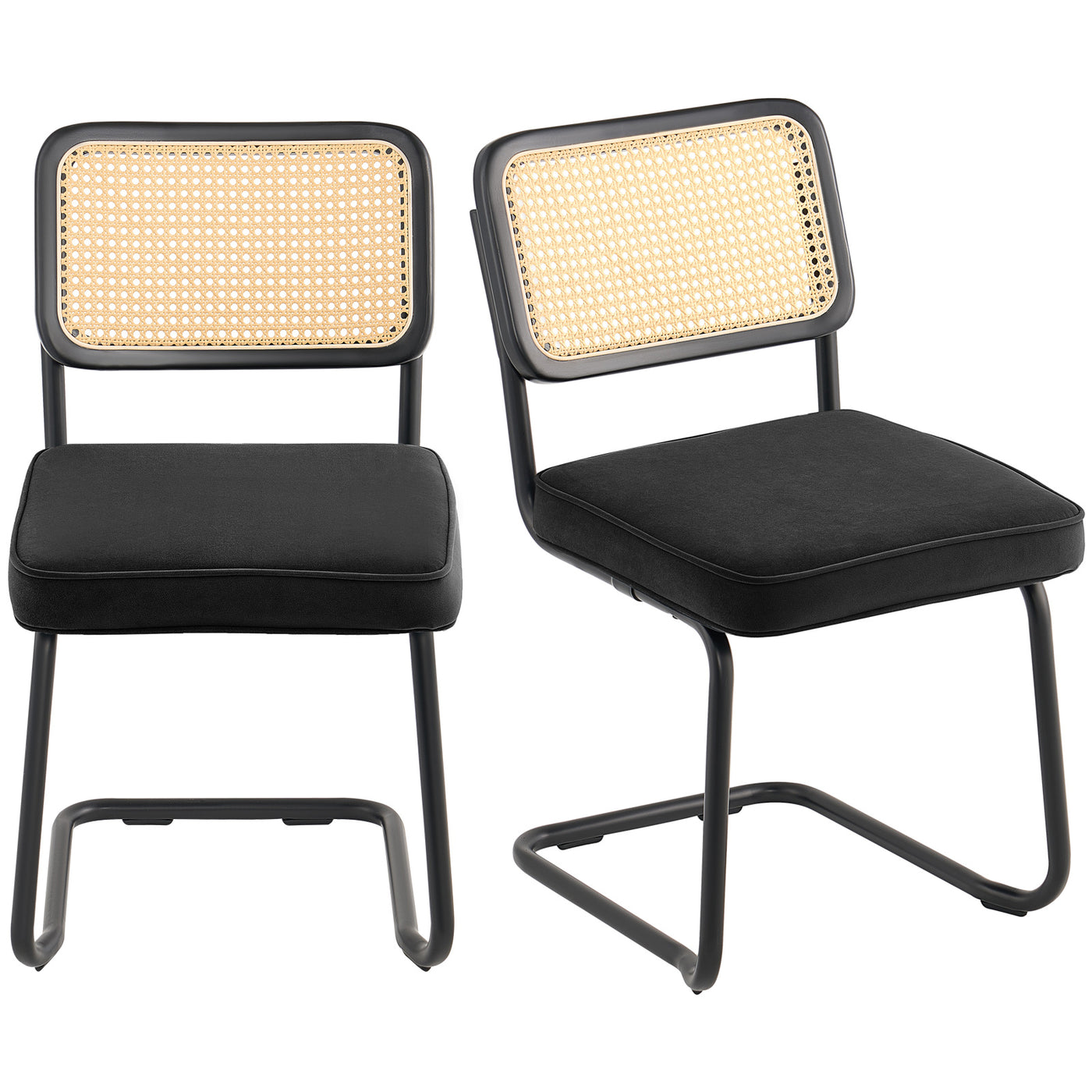 Mid Century Modern Rattan Dining Chair Set of 2, Velvet Upholstered