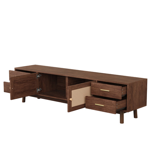 70" Modern TV Stand with Rattan Doors, Dark Brown Media Console