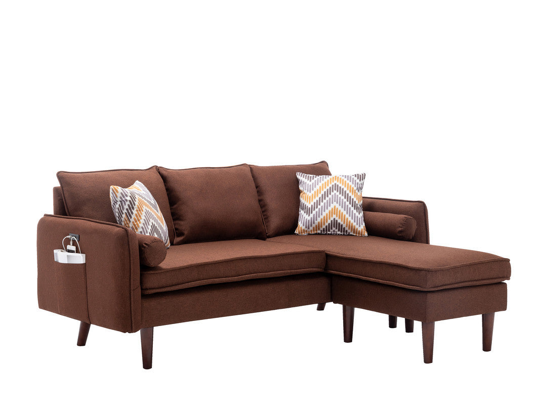 Brown Sectional Sofa Chaise 70"W USB Charger Pillows