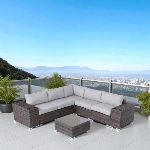 Outdoor Sectional Set HDPE Wicker Brown 8 Piece Sofa Glass Table Seats 4