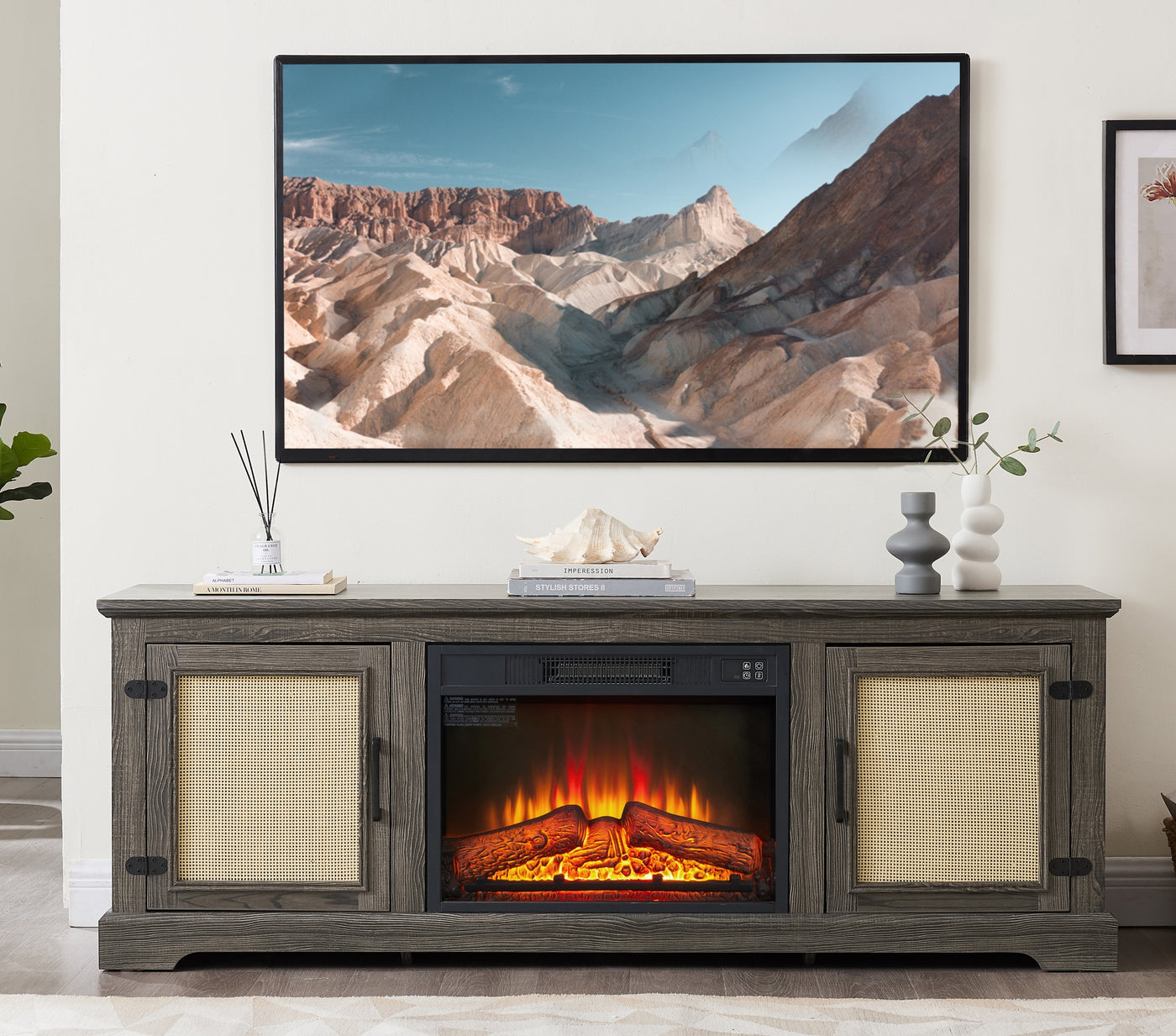 Rattan TV Stand Console Cabinet 65"W Fireplace Insert Grey