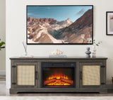 Rattan TV Stand Console Cabinet 65"W Fireplace Insert Grey