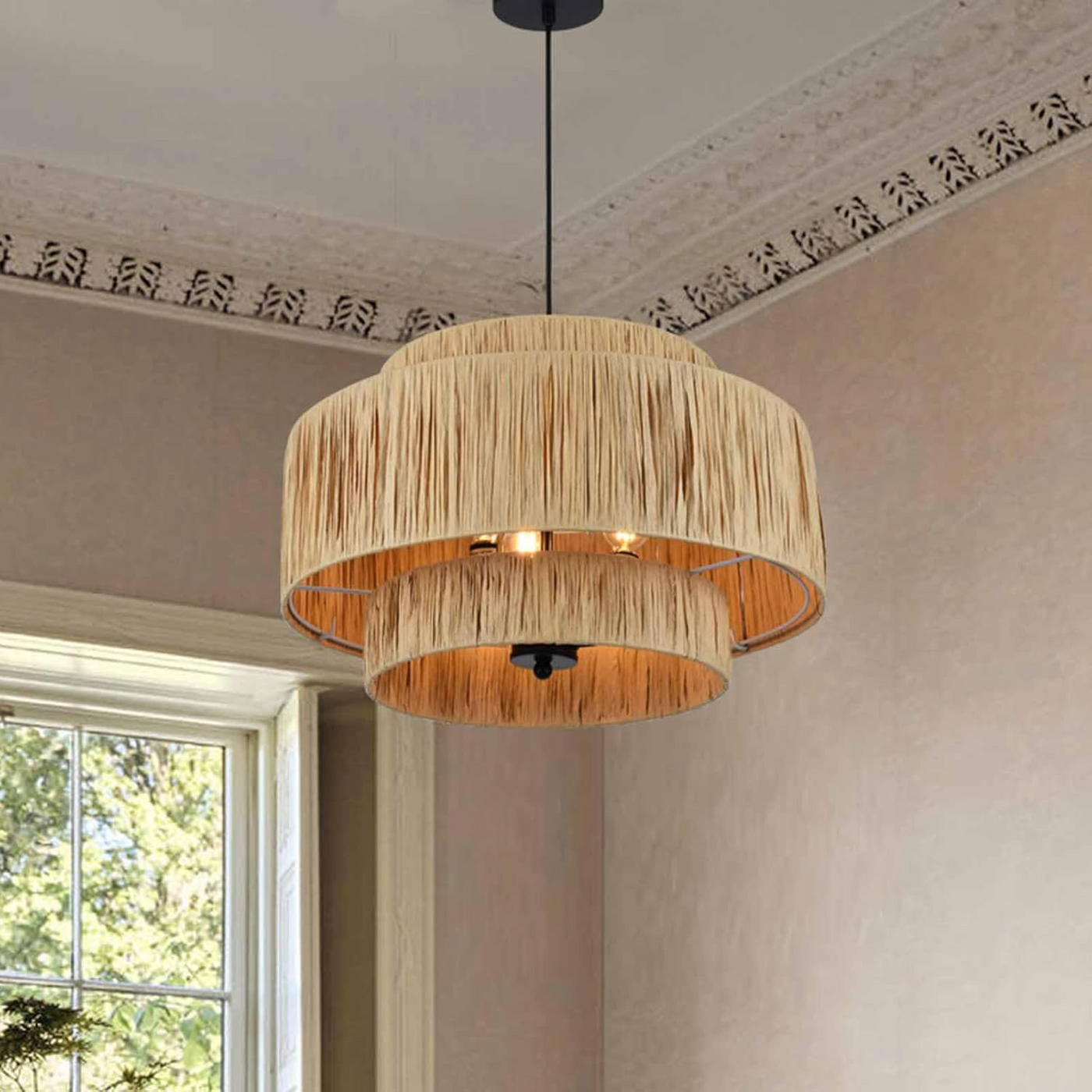 3-Light Boho Chandelier with Natural Paper Rope Pendant