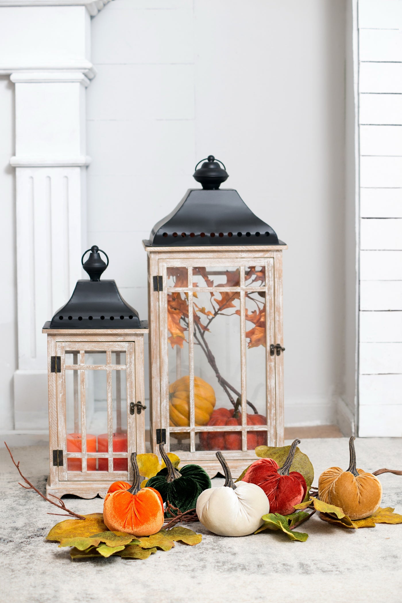 Wood Lantern with Iron Roof, Set of 2