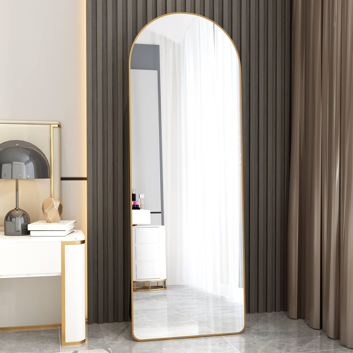 Arched Floor Mirror Gold Aluminum Frame 64.9" x 23.2