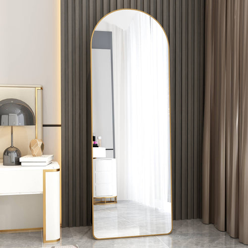 Arched Floor Mirror Gold Aluminum Frame 64.9" x 23.2