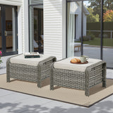 Outdoor PE Wicker Ottomans Set of 2 with Beige Cushions