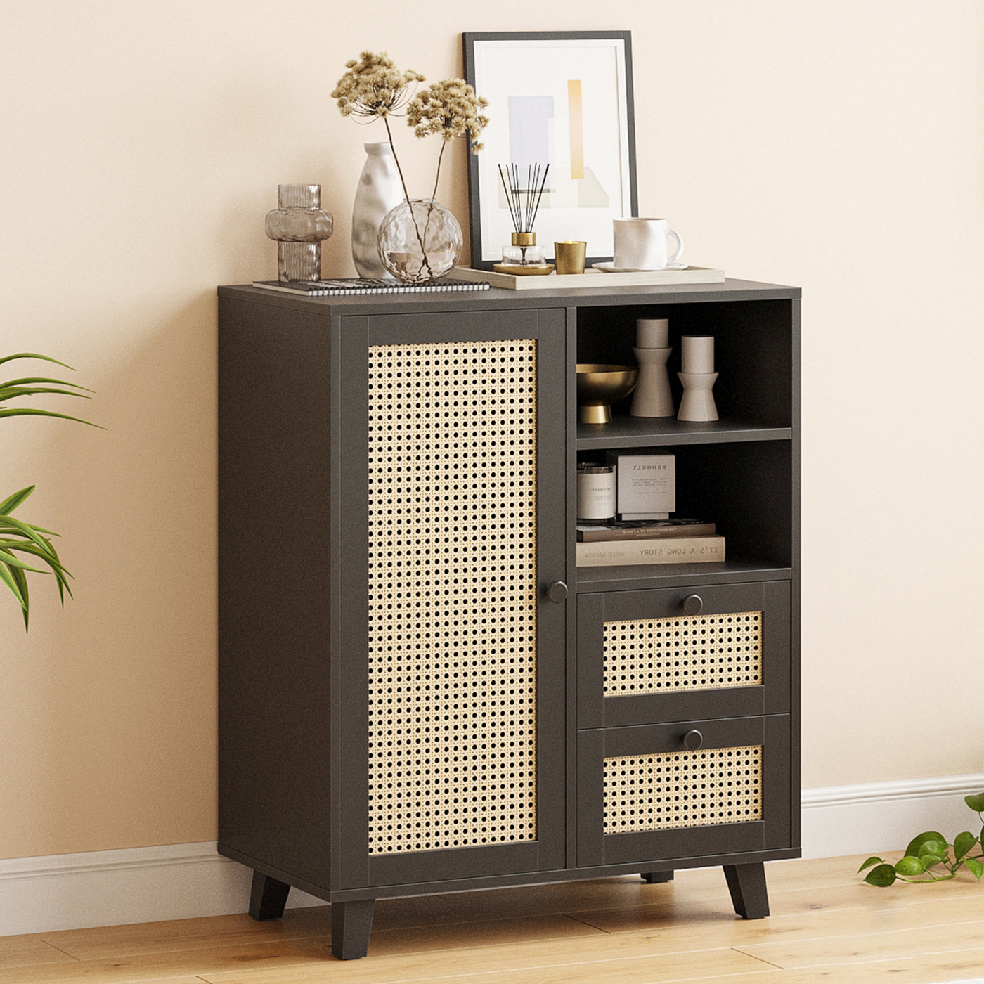 Rattan Buffet Cabinet with Adjustable Shelf and Drawers