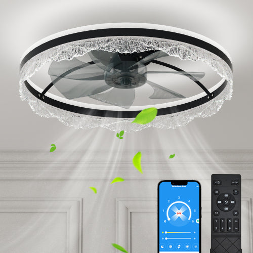 Flush Mount Ceiling Fan with LED Light - Crystal - Black - 24"
