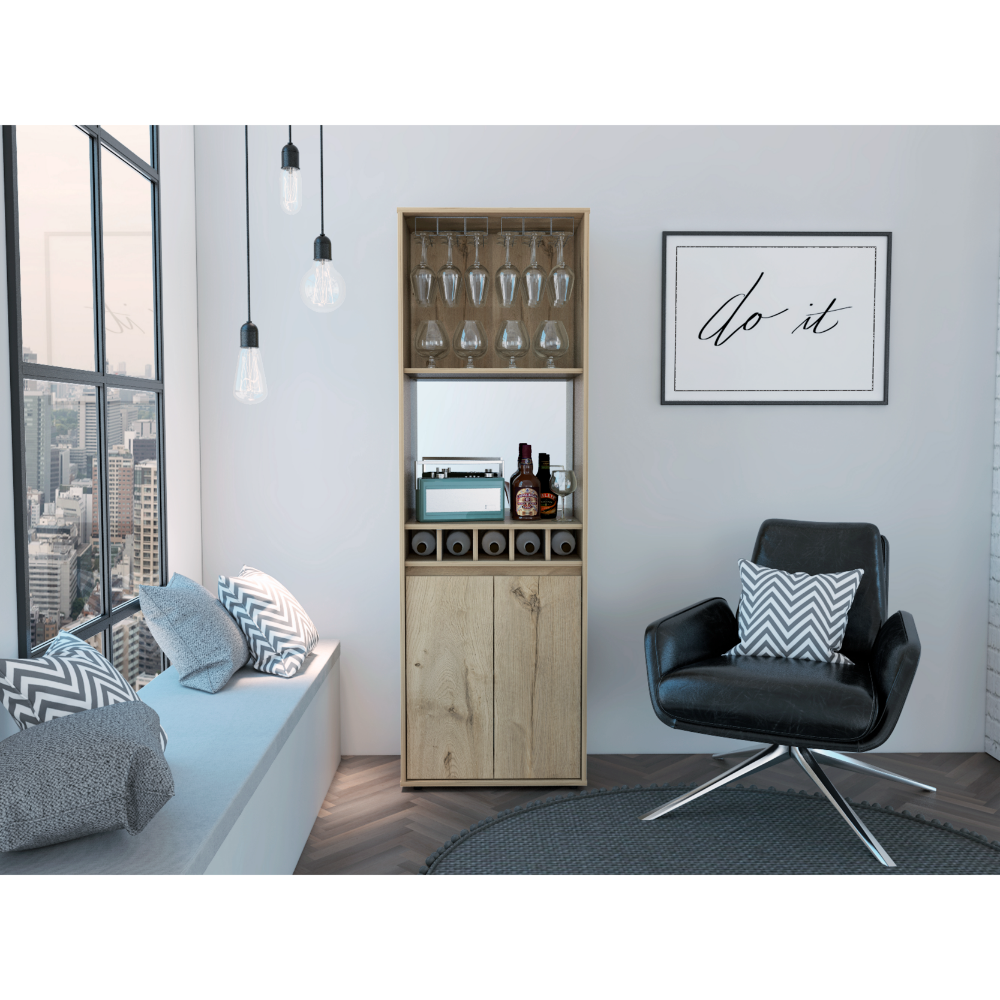 Light Oak Wine Bar Cabinet Two Shelves Five Bottle Rack
