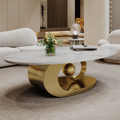 Modern Faux Marble Coffee Table Sintered Stone Stainless Steel