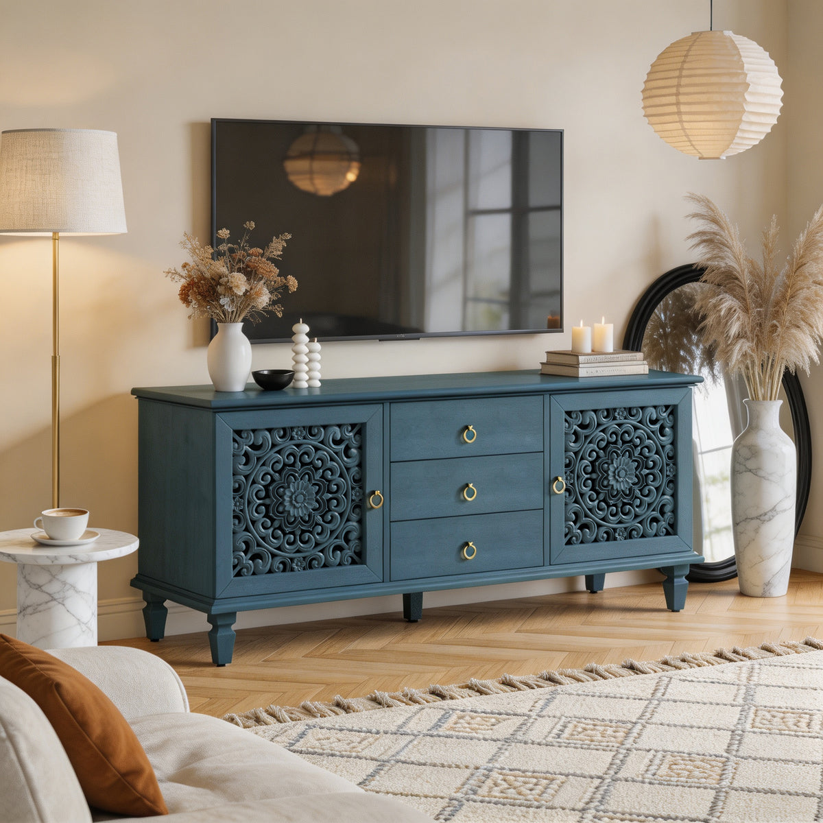 Farmhouse TV Stand with Hollow Carved Doors, Vintage Sideboard Buffet Storage Ca