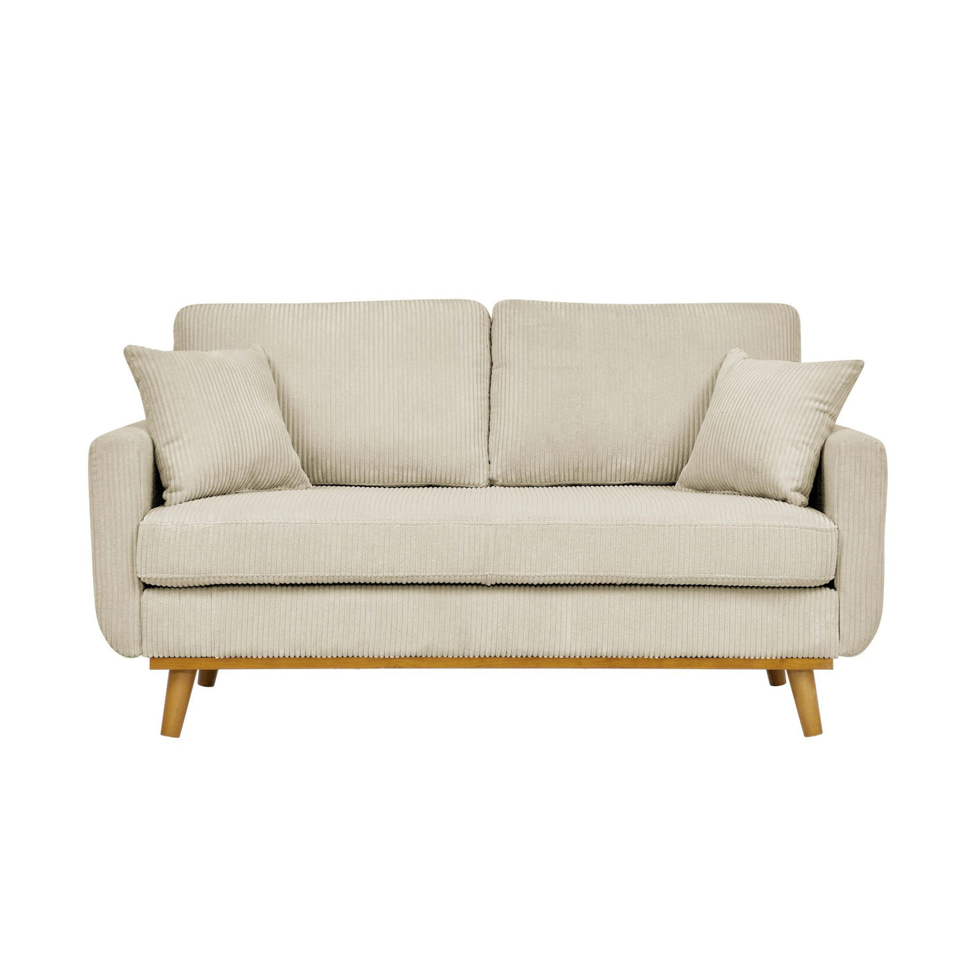Beige Corduroy Upholstered Wooden Frame Loveseat with Arms and Toss Pillows, Wooden Legs, Durable Fabric, 65L x 31W x 33H Inches