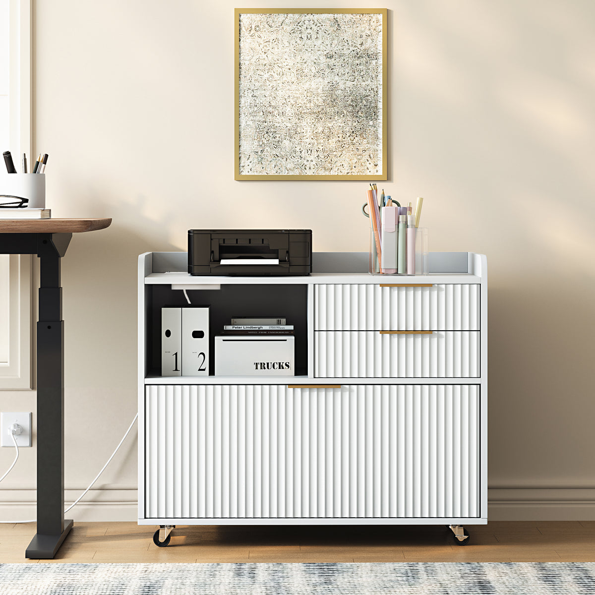 Mobile Office File Cabinet with Charging Station & Multi Drawers, Open Storage C