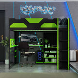 Full Size Wood Loft Bed with Desk, Multi-storage Shelves,USB and RGB Light,Green