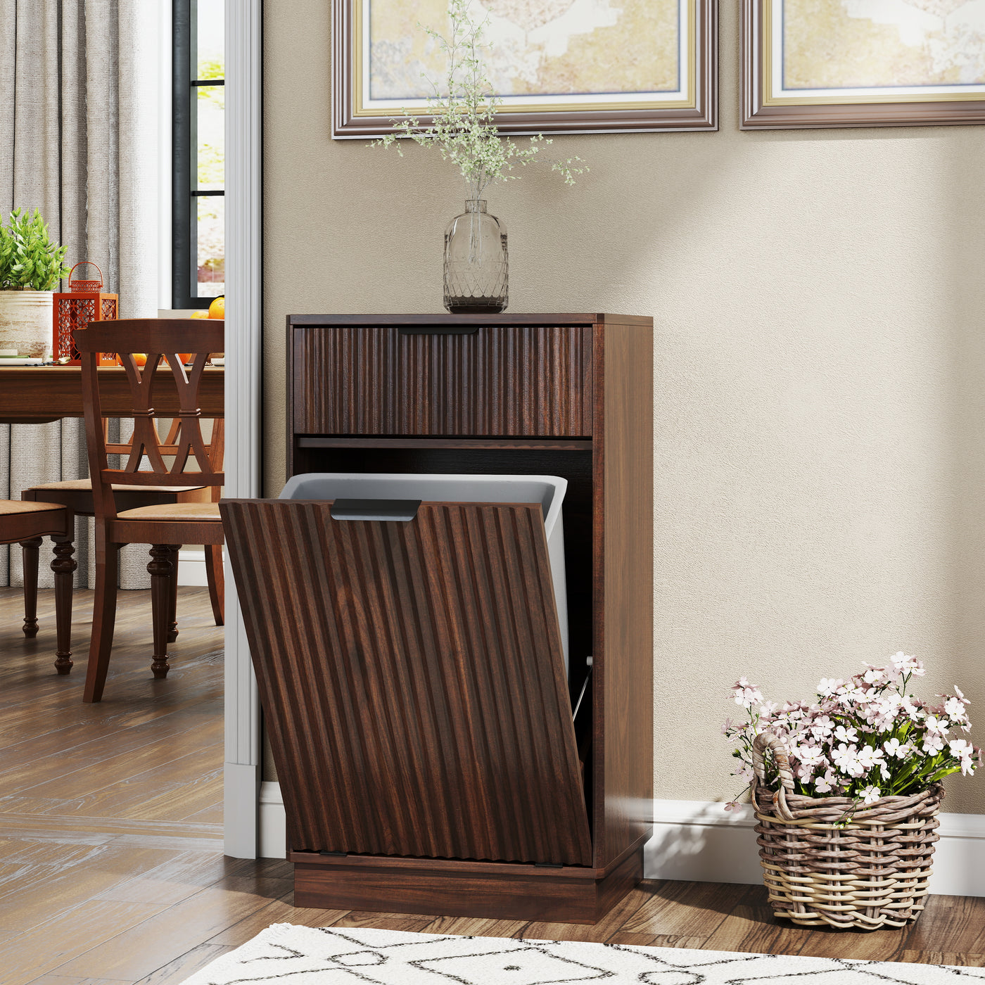Walnut Woodgrain Tilt-Out Trash Can Cabinet Wave Drawer