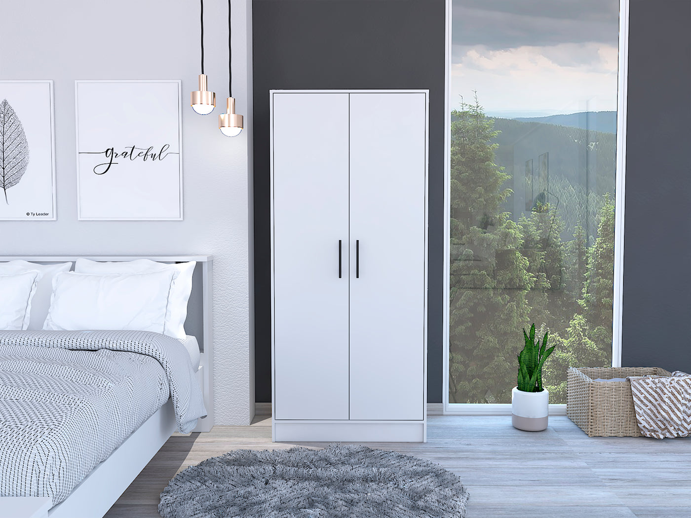 White Double Door Armoire with Drawer and Metal Rod