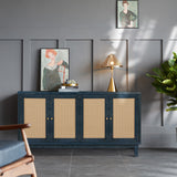 Blue Rattan Sideboard Cabinet with 4 Doors & Adjustable Shelves