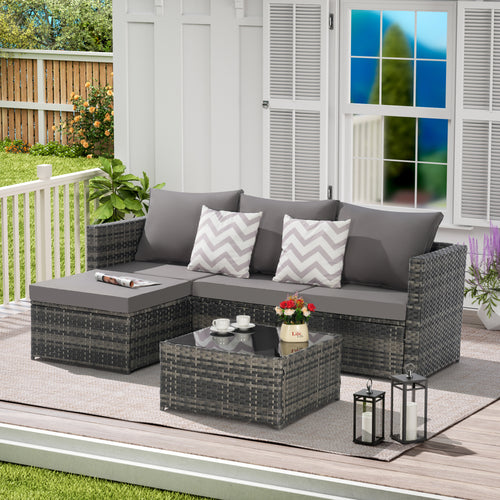 Outdoor Patio Set PE Rattan Metal Dark Gray 3 Piece Ottoman Table