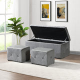 Light Gray Velvet Rectangular Storage Ottoman with 2 Ottomans