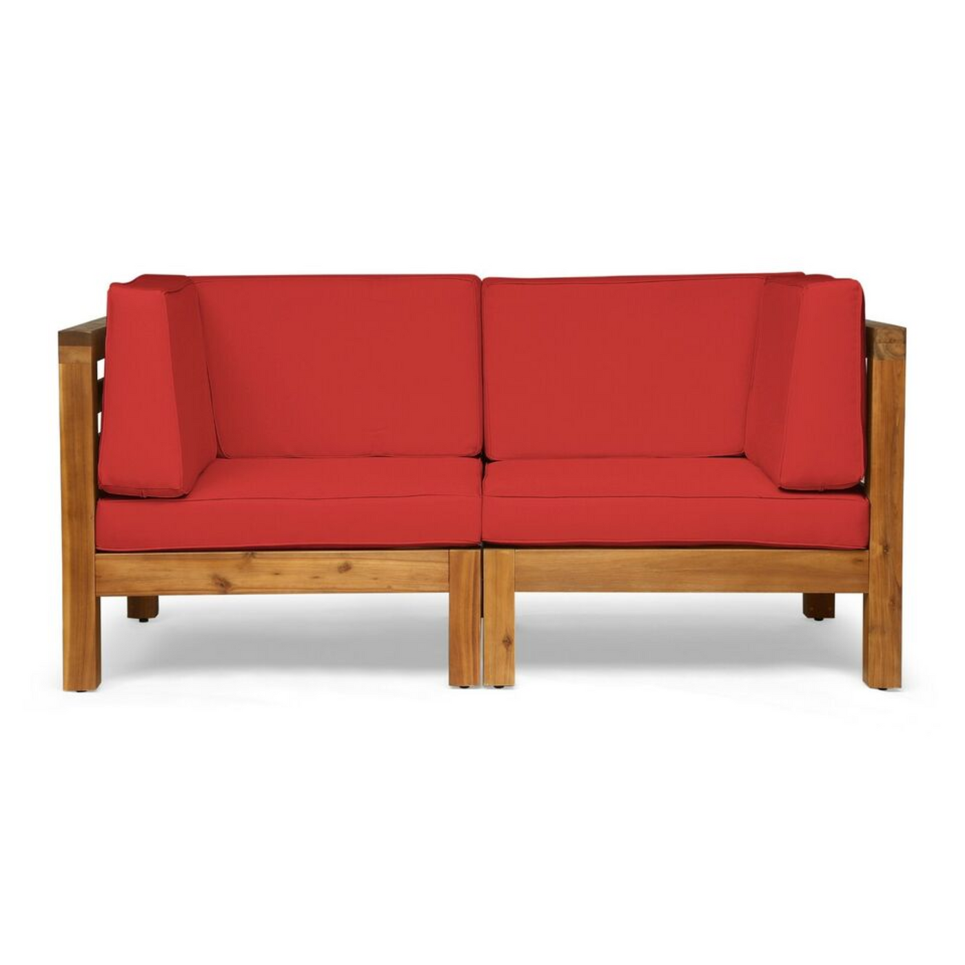2-Piece Love Seat Set with Water-Resistant Cushions, Red, Acacia Wood Frame,