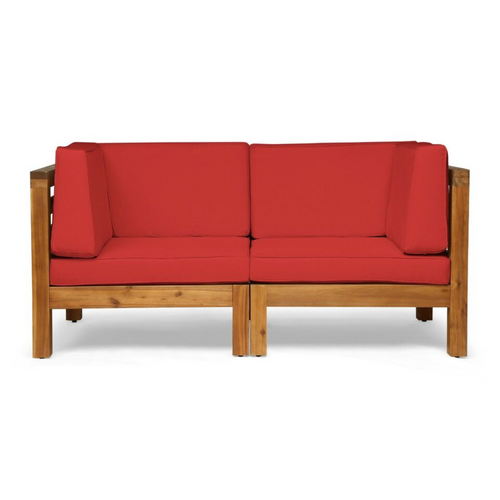 2-Piece Love Seat Set with Water-Resistant Cushions, Red, Acacia Wood Frame,