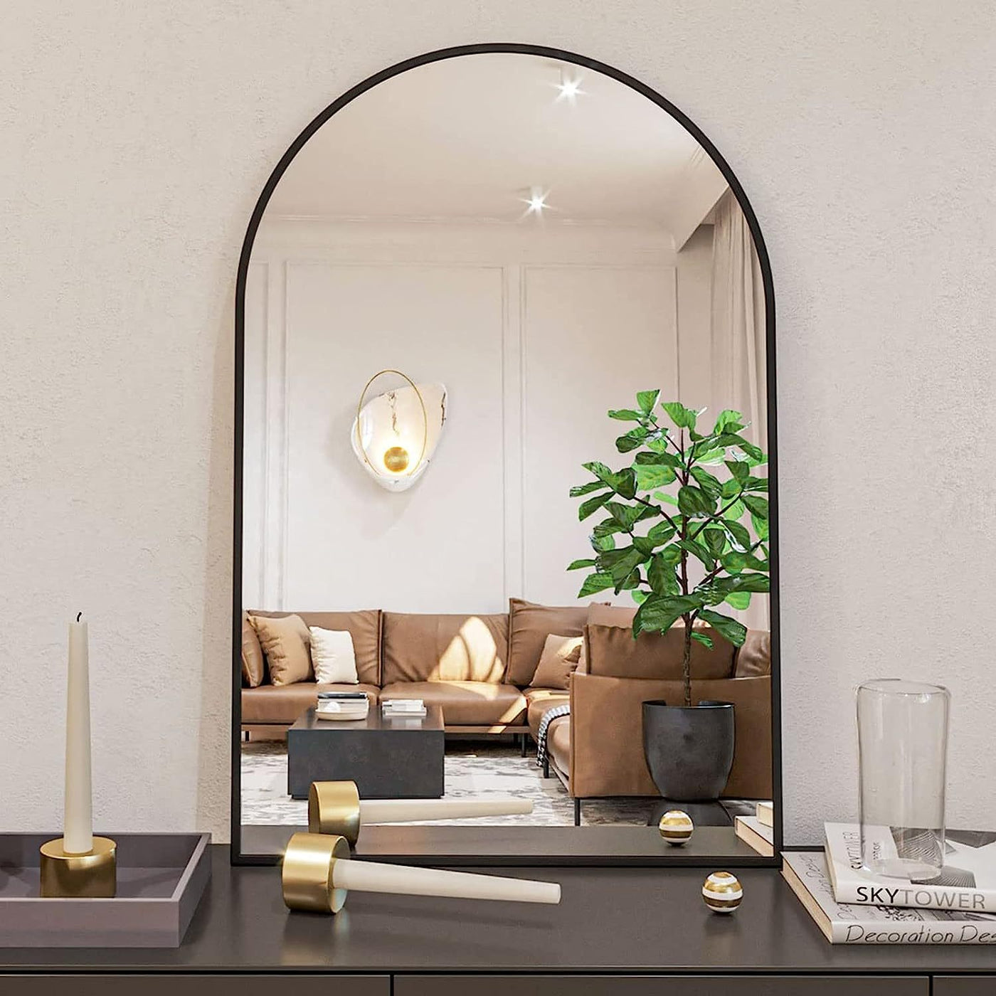 Wall Mirror Arched Aluminum Frame Black 24x36 In Shatterproof Film