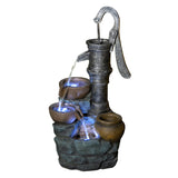 Rustic Hand Pump Water Fountain with LED Lights, Outdoor Resin Cascading Fountai