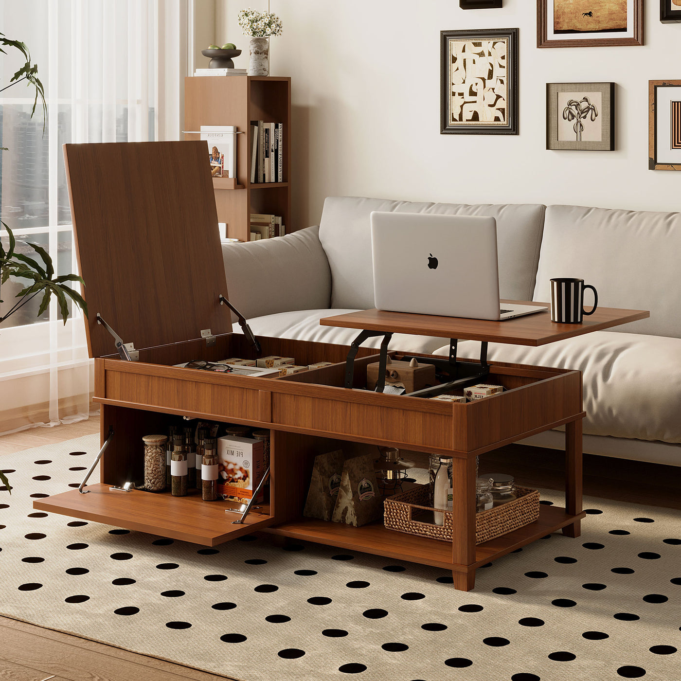 U-Can Lift-Top Coffee Table Hidden Compartment Brown