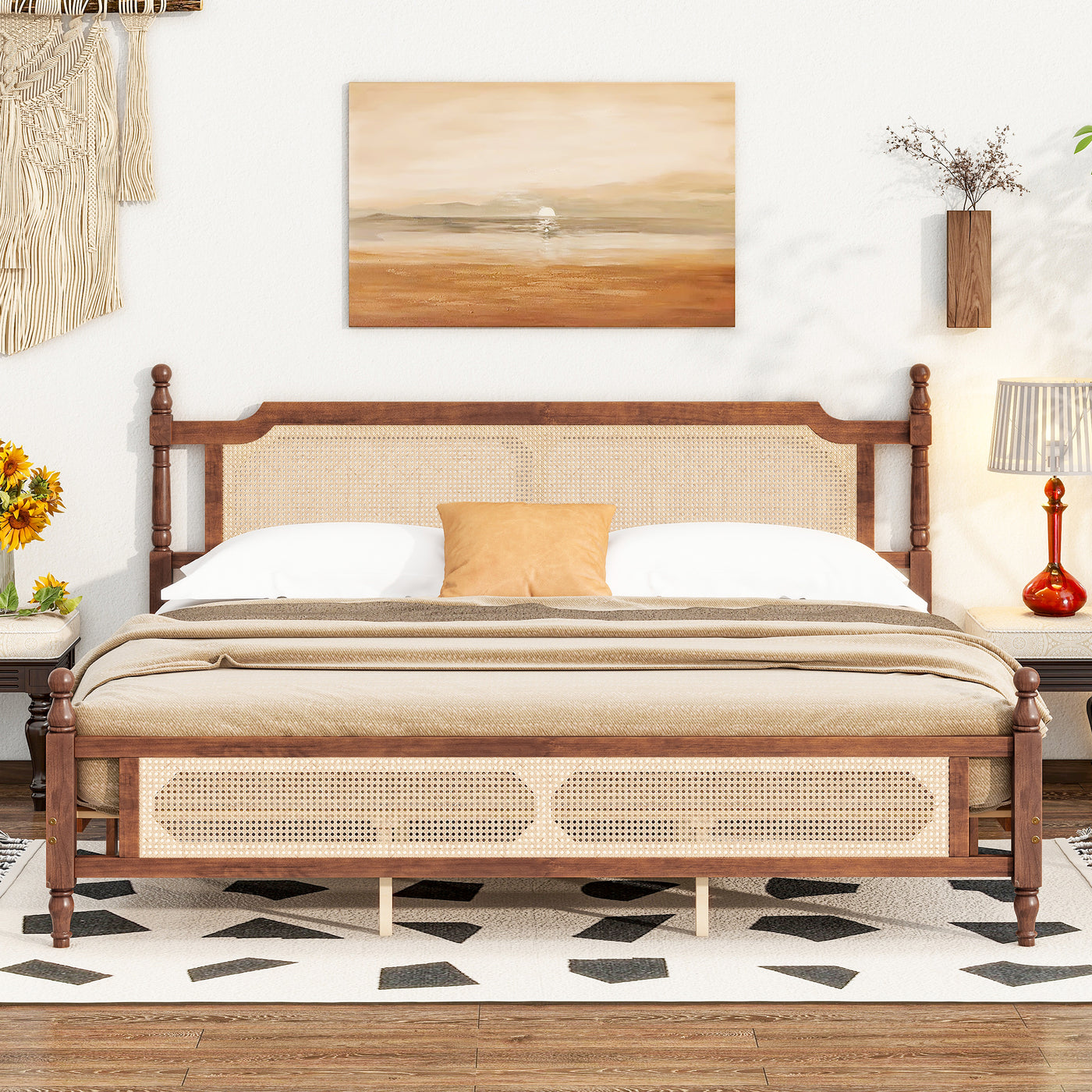 King Pine Wooden Bed with Rattan Headboard and Footboard