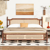 King Pine Wooden Bed with Rattan Headboard and Footboard