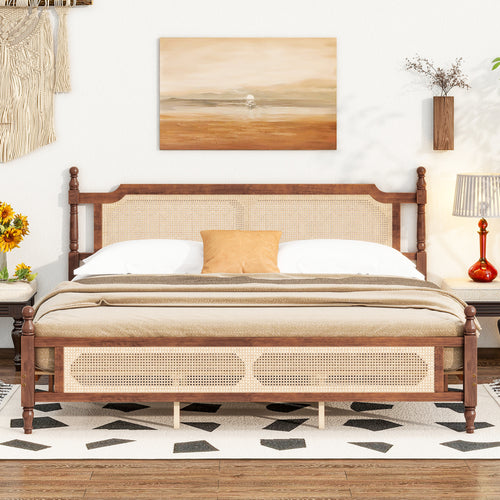 King Pine Wooden Bed with Rattan Headboard and Footboard